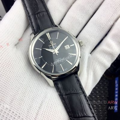 AAA Quality Omega De Ville Black Dial Black Leather Strap Watches